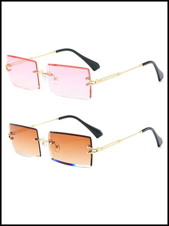Retro Rimless Rectangle Sunglasses Gold Metal Tinted Lens UV400 Protection